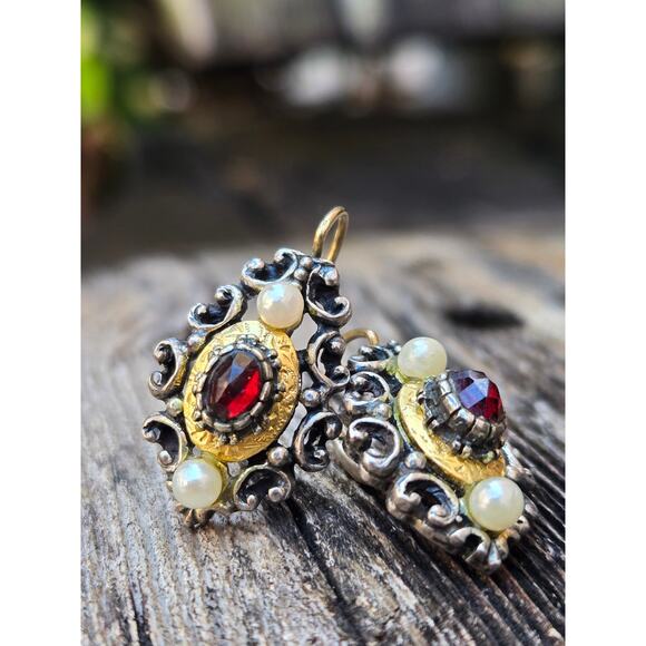 1900s German Red Pyrope Garnet, 585 GOLD, 800 Silver, Pearl Biedermeier Earrings - Picture 6 of 10